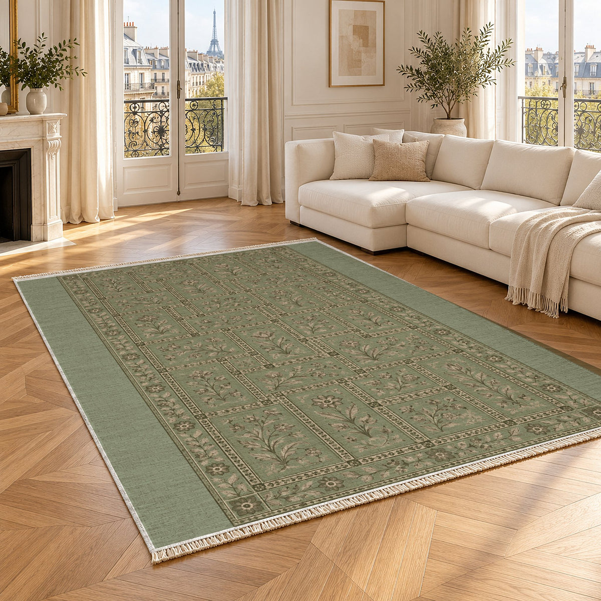 Heritage Tiles Sage & Oat washable rug angled room view