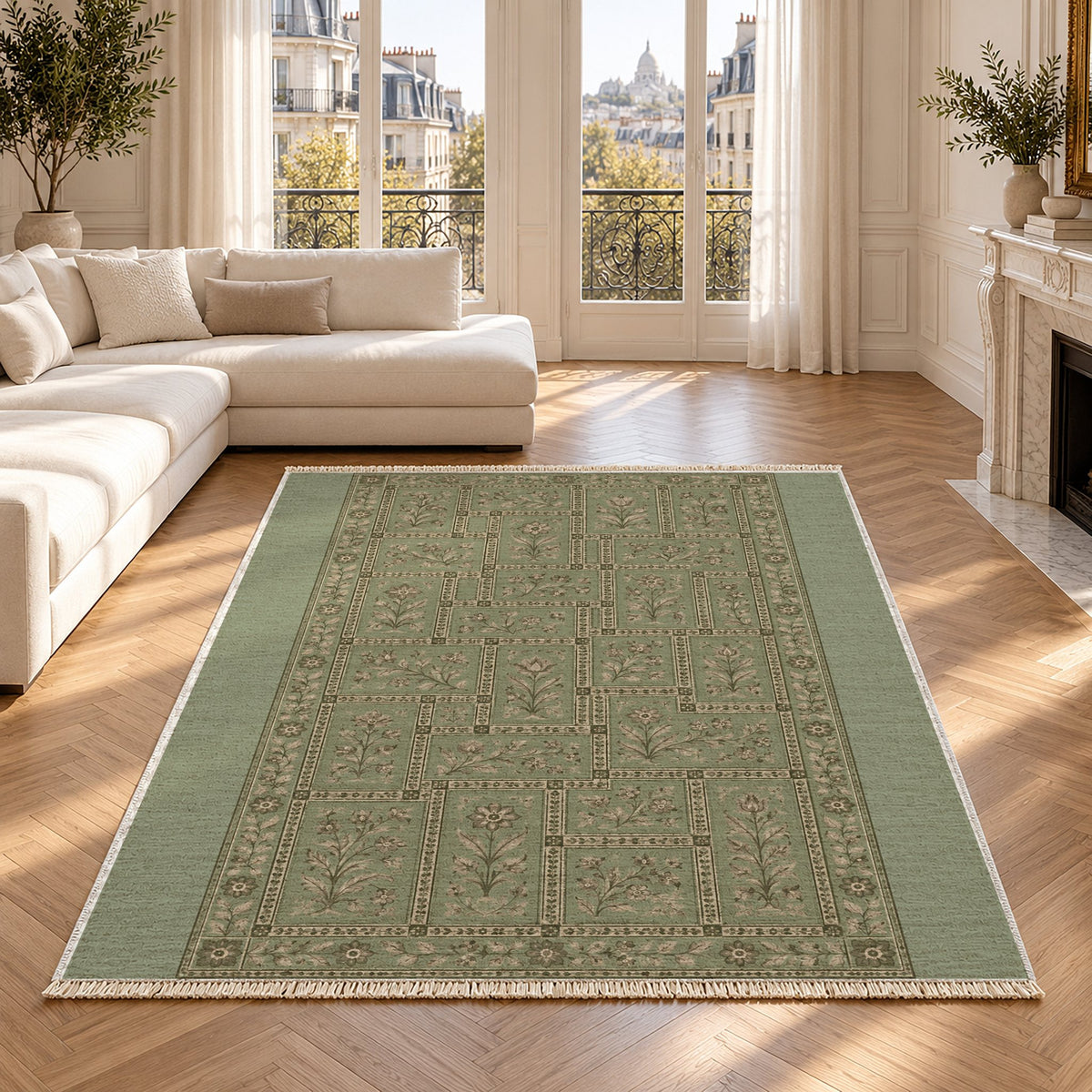 Heritage Tiles Sage & Oat washable rug in a Paris living room