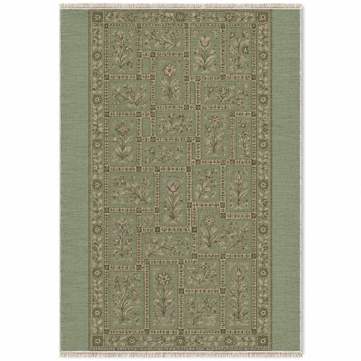 Heritage Tiles Sage & Oat washable rug top view