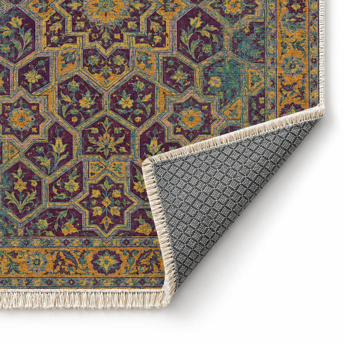 Honeycomb Vault Burgundy & Teal washable rug folded corner showing the backing