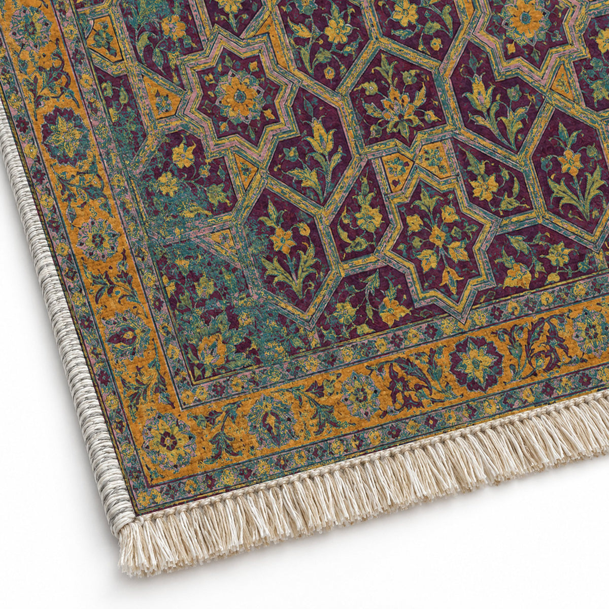 Honeycomb Vault Burgundy & Teal washable rug close-up of the printed chenille