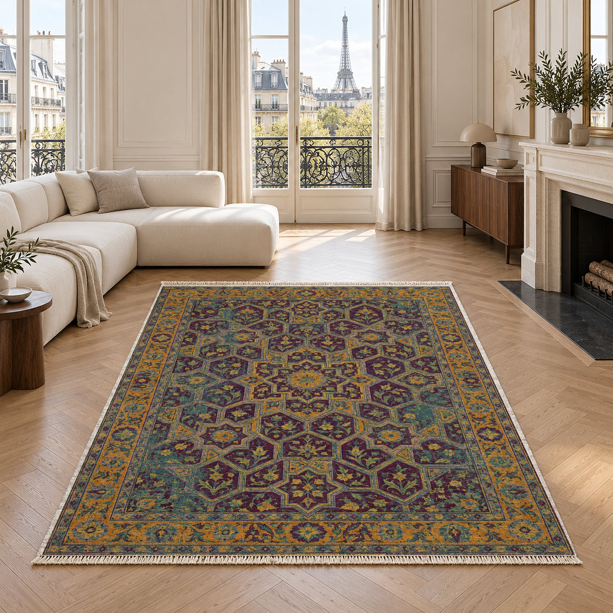 Honeycomb Vault Burgundy & Teal washable rug in a living room with an Eiffel Tower view