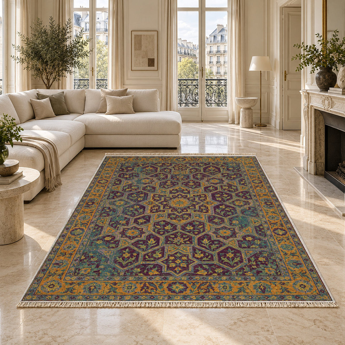 Honeycomb Vault Burgundy & Teal washable rug on a marble floor
