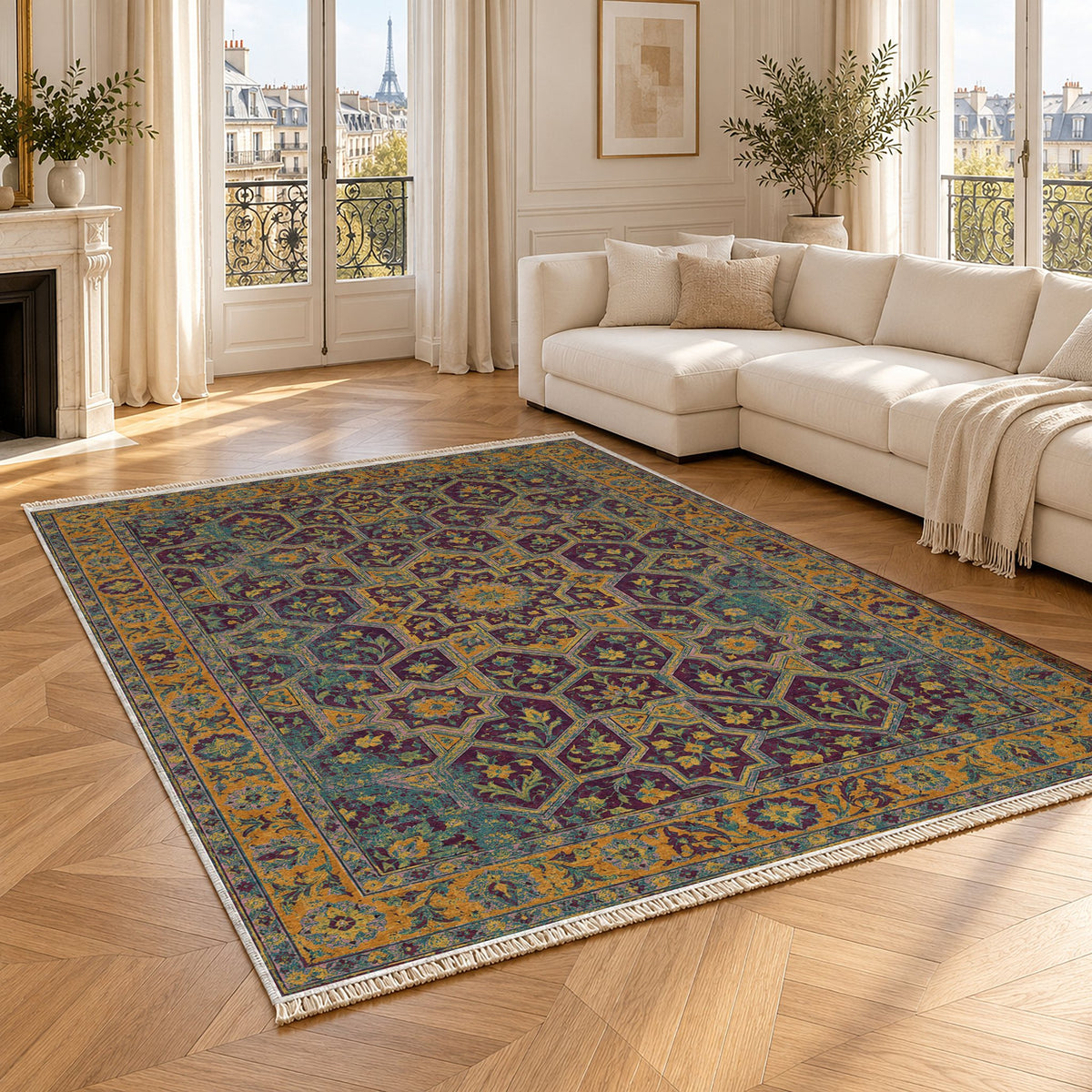 Honeycomb Vault Burgundy & Teal washable rug angled room view