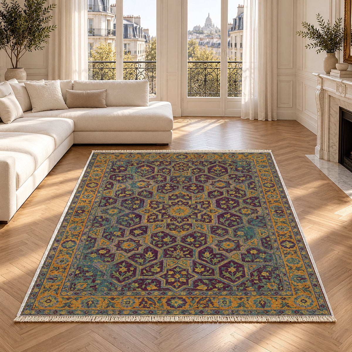 Honeycomb Vault Burgundy & Teal washable rug in a Paris living room