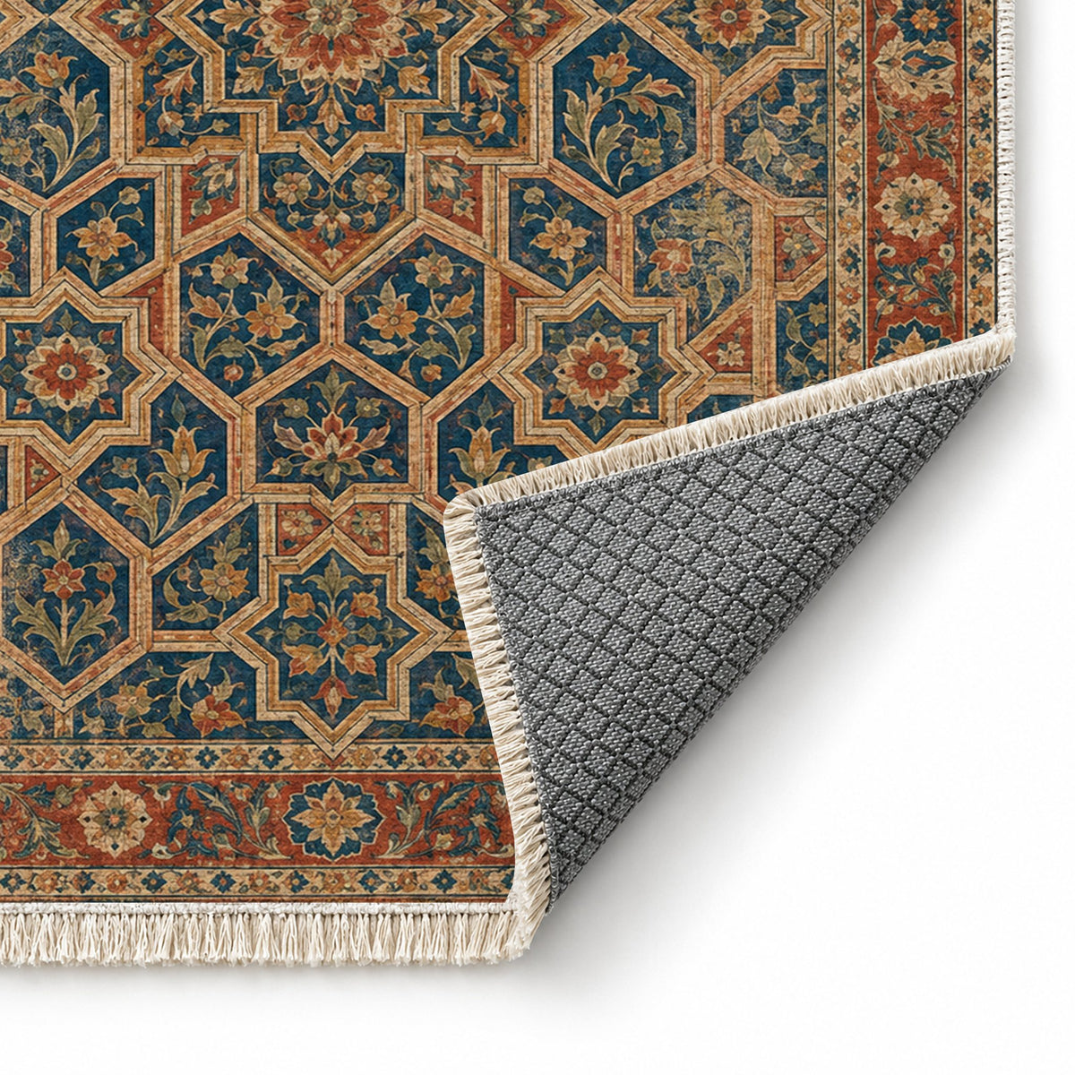 Honeycomb Vault Indigo & Rust washable rug folded corner showing the backing