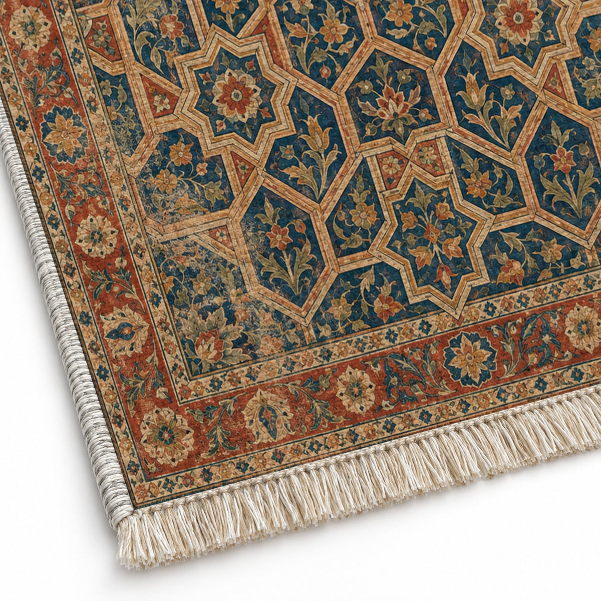 Honeycomb Vault Indigo & Rust washable rug close-up of the printed chenille