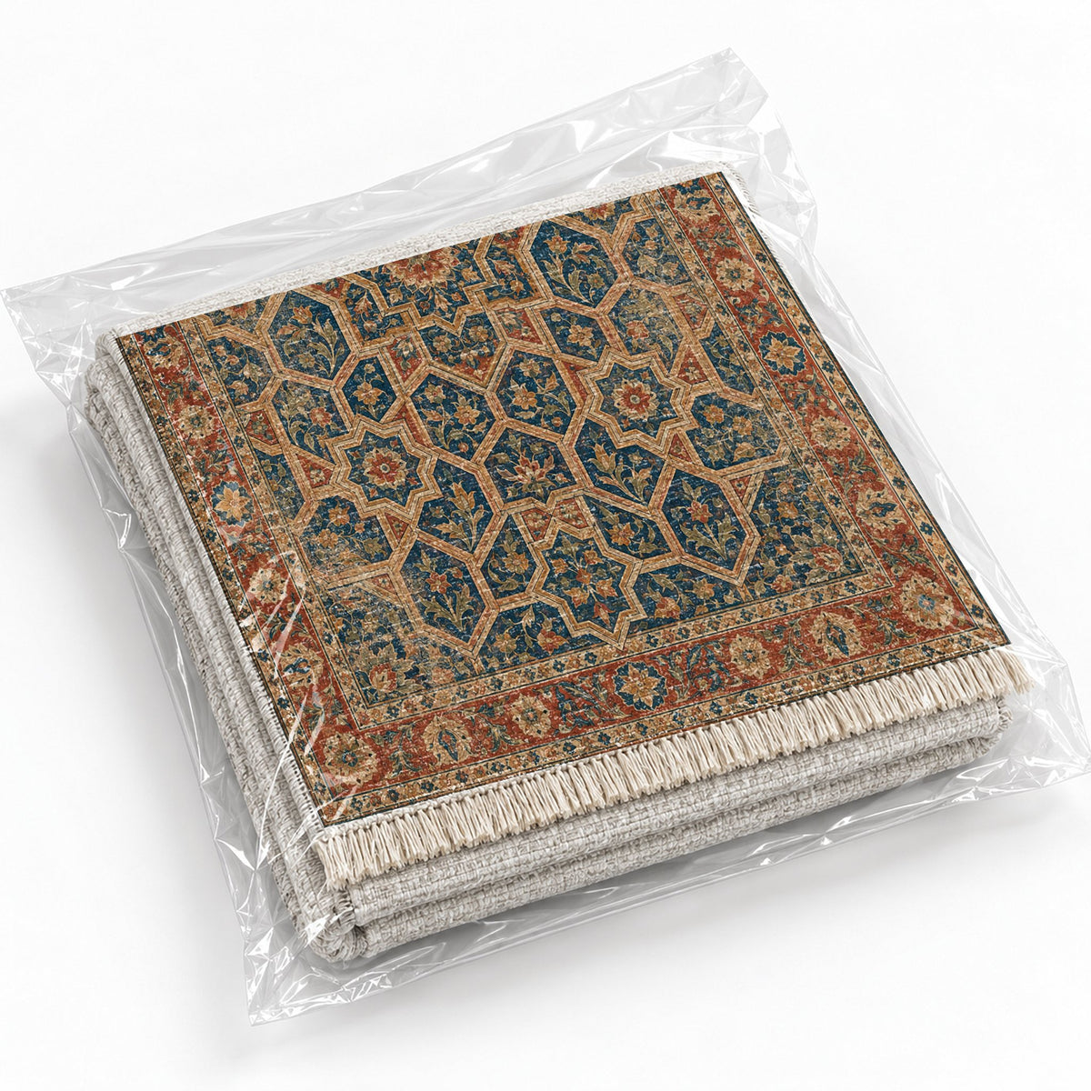 Honeycomb Vault Indigo & Rust washable rug rolled and packaged