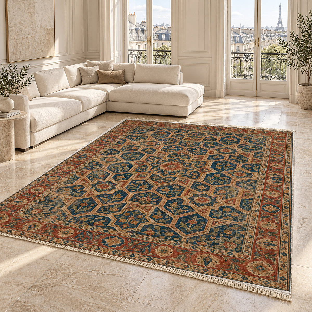 Honeycomb Vault Indigo & Rust washable rug angled room view on marble