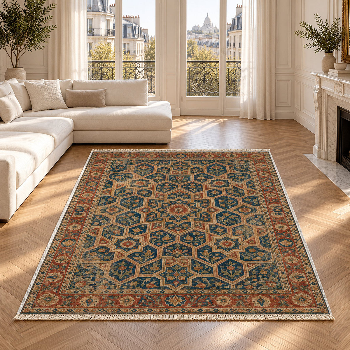 Honeycomb Vault Indigo & Rust washable rug in a Paris living room