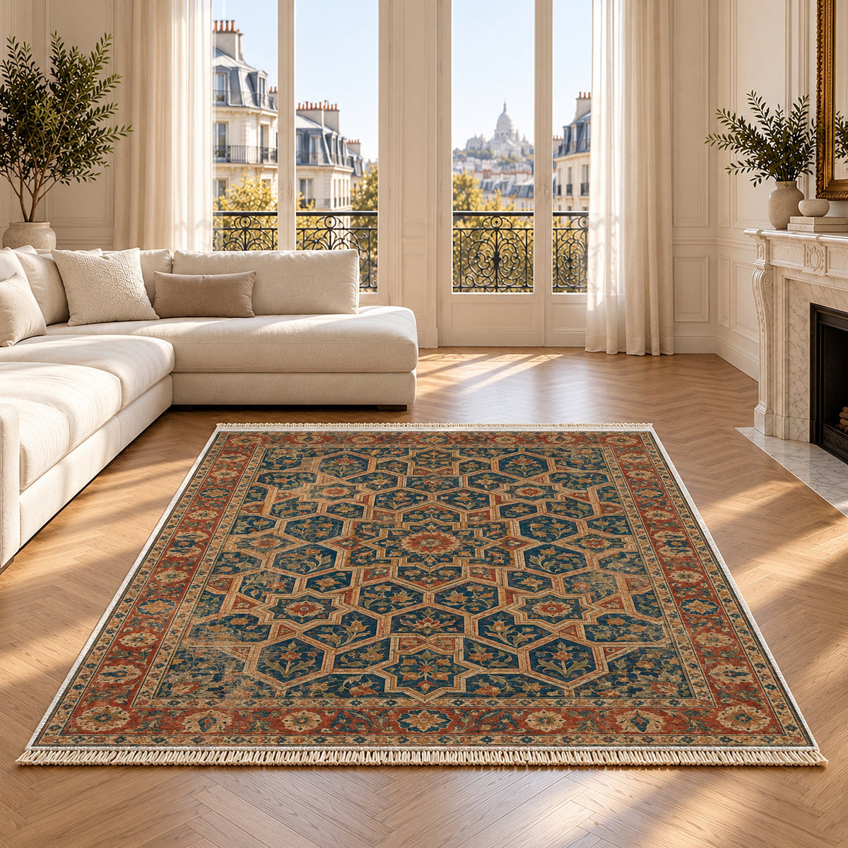 Honeycomb Vault Indigo & Rust washable rug on an oak floor