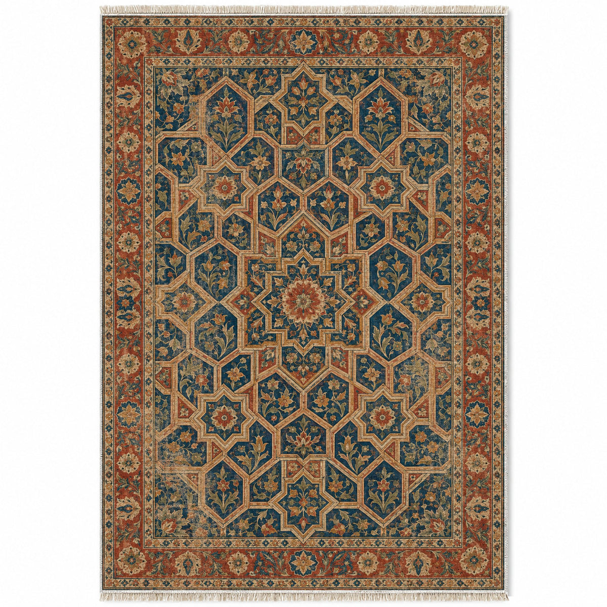 Honeycomb Vault Indigo & Rust washable rug top view