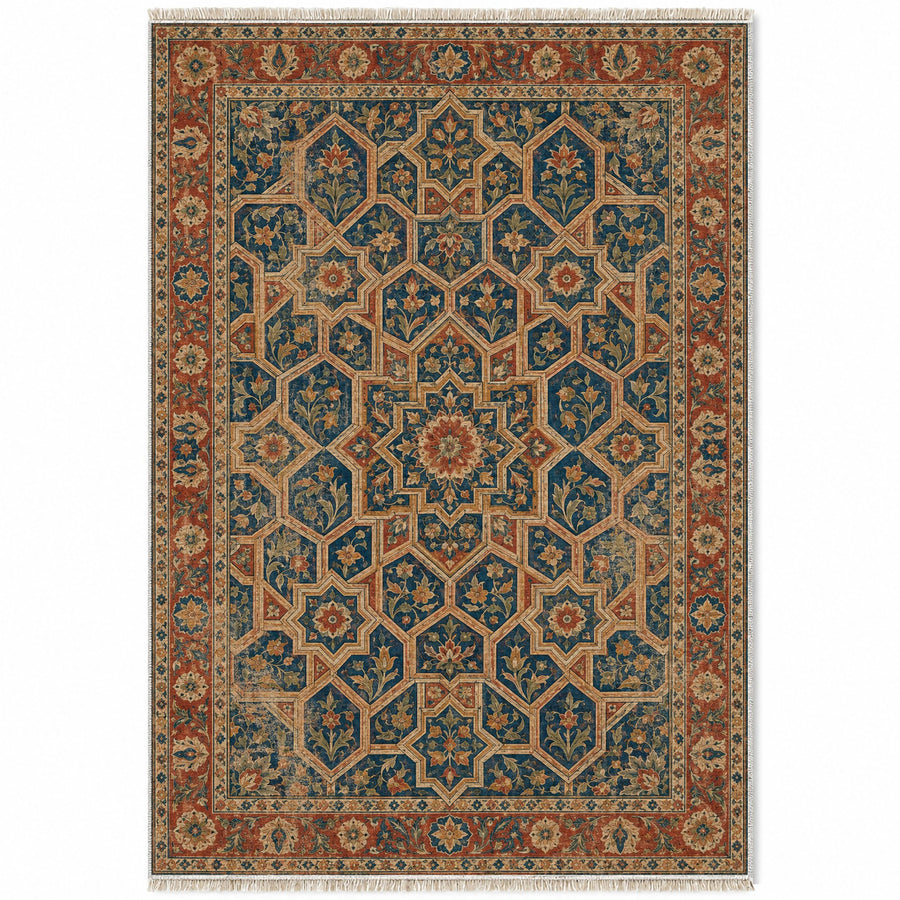 Honeycomb Vault Indigo & Rust Moorish Washable Rug