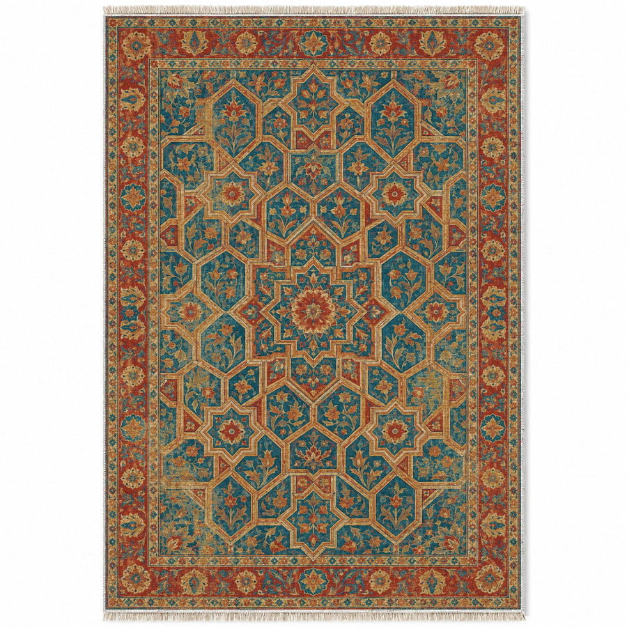 Honeycomb Vault Peacock & Ochre Moorish Washable Rug