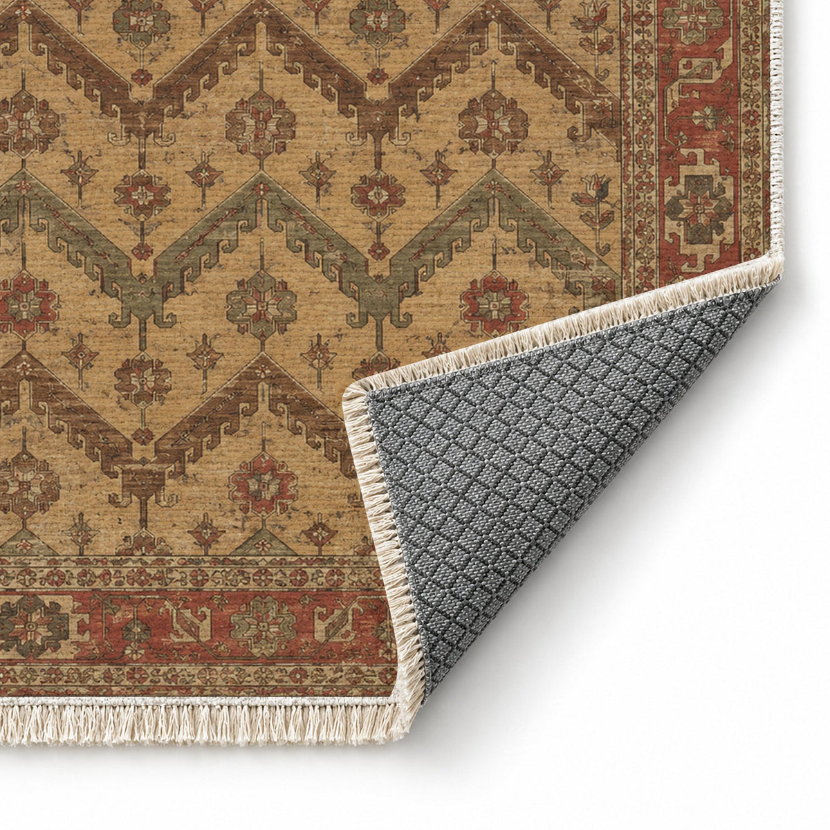 Hooked Chevron Brown & Beige washable rug folded corner showing the backing