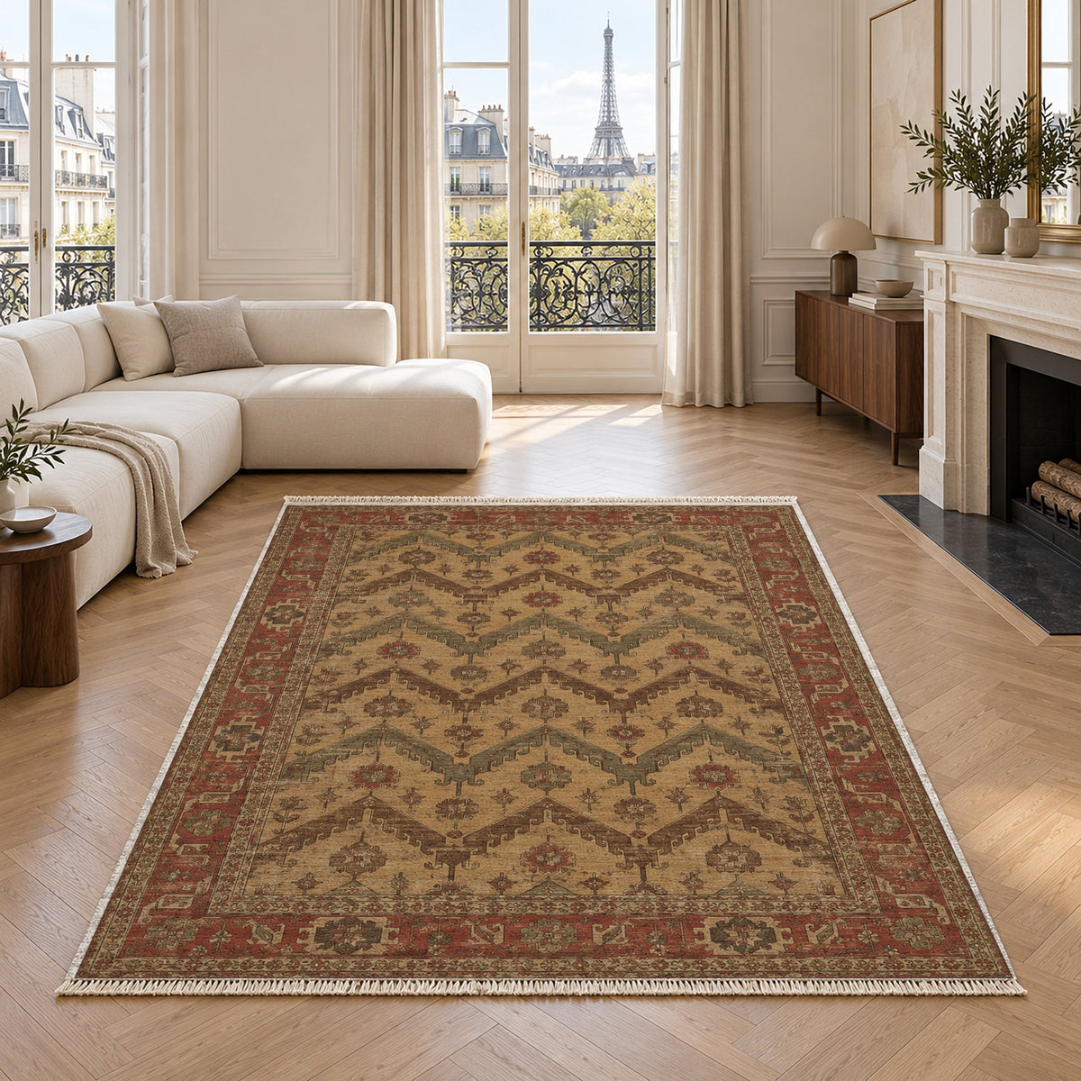 Hooked Chevron Brown & Beige washable rug in a living room with an Eiffel Tower view