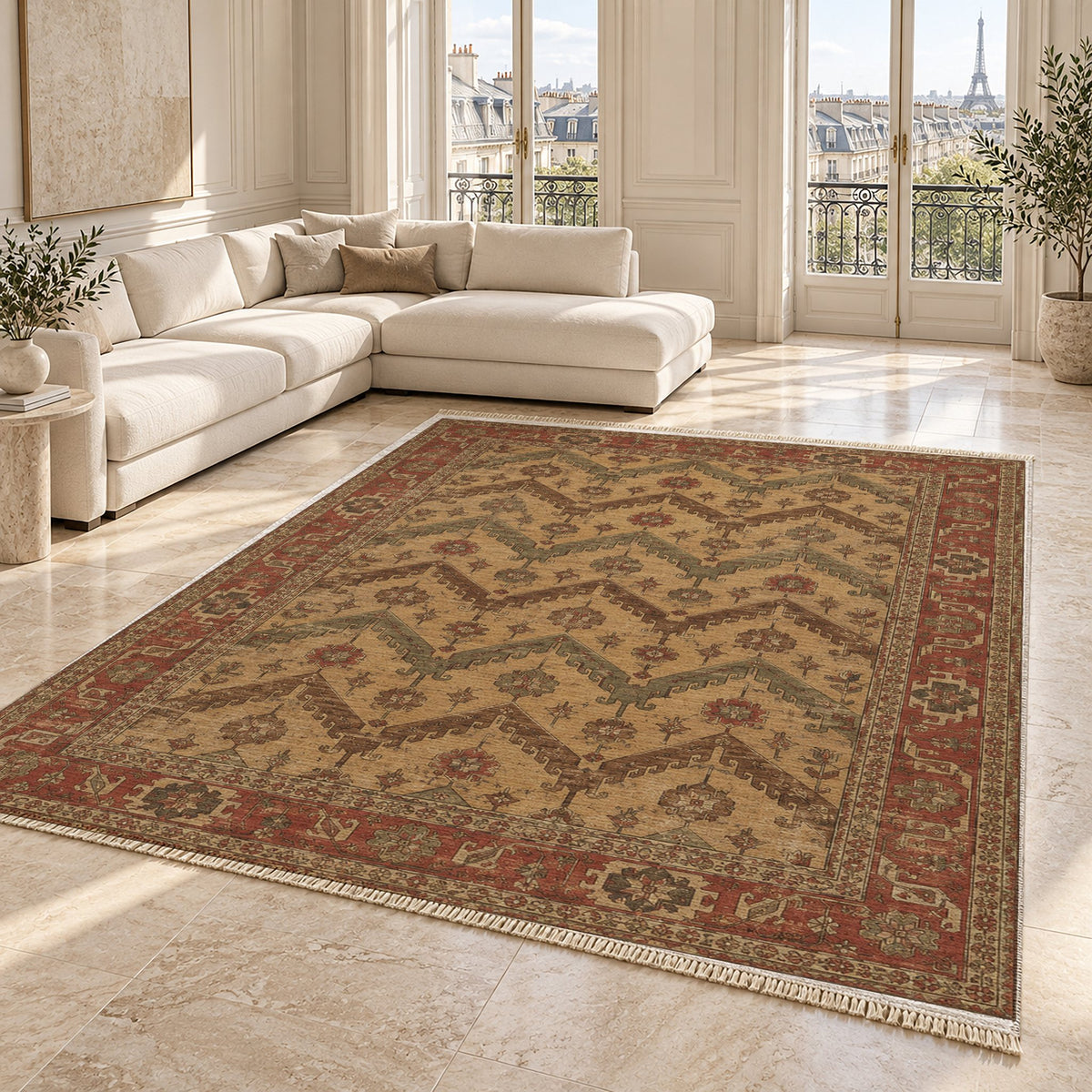 Hooked Chevron Brown & Beige washable rug angled room view on marble