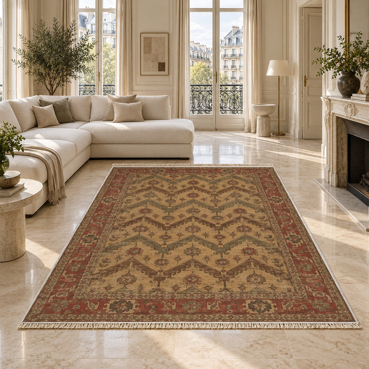 Hooked Chevron Brown & Beige washable rug on a marble floor