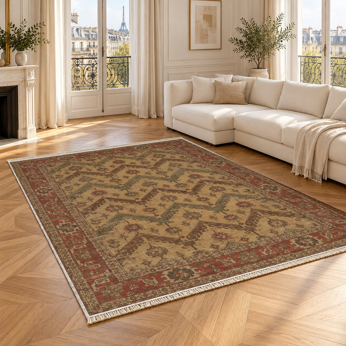 Hooked Chevron Brown & Beige washable rug angled room view