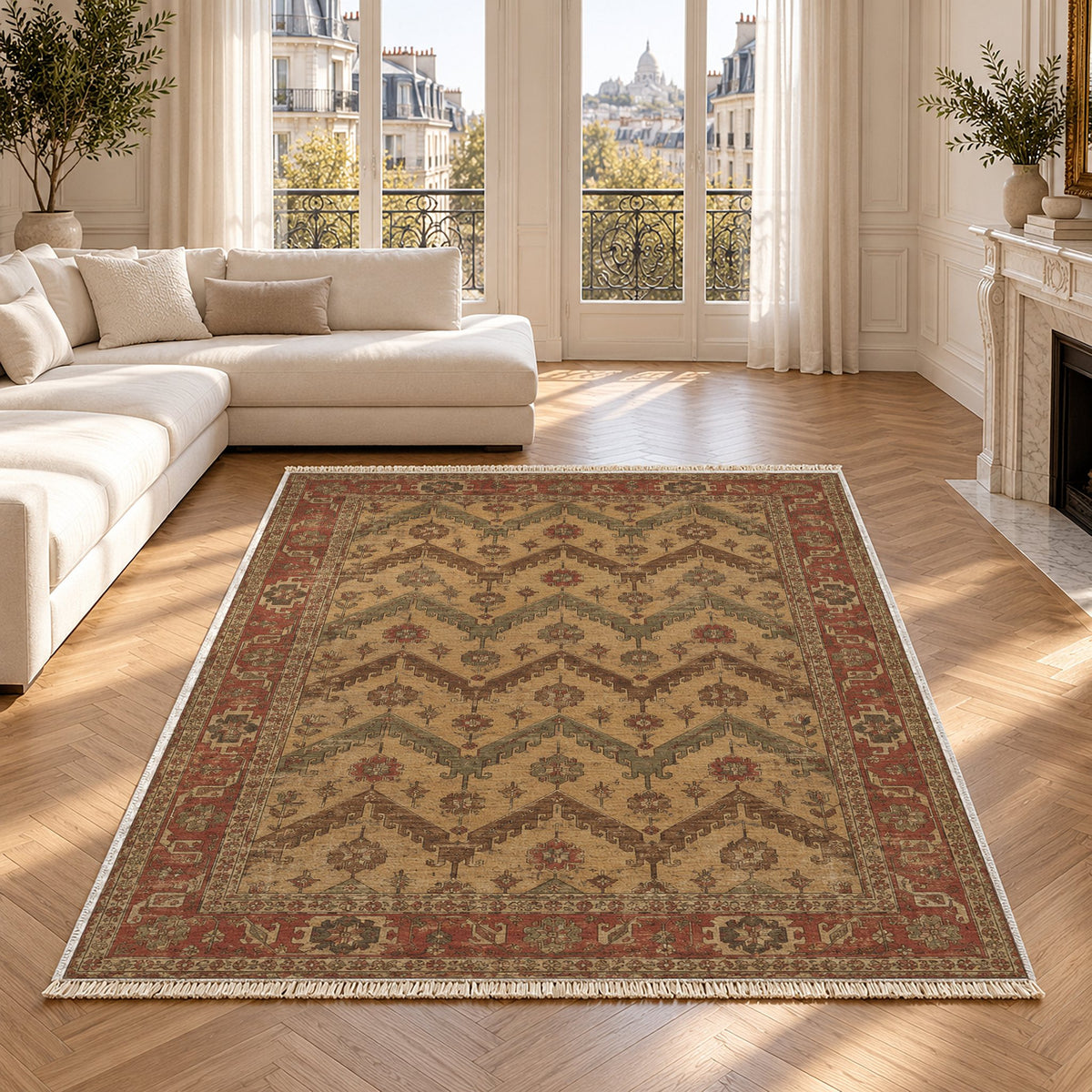 Hooked Chevron Brown & Beige washable rug in a Paris living room