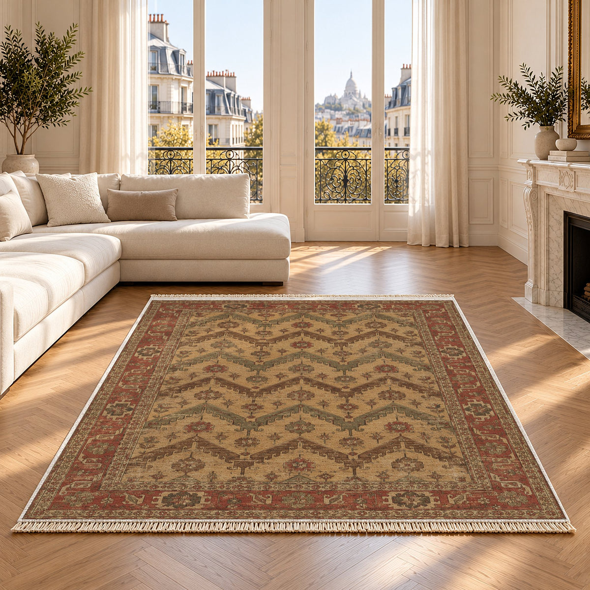 Hooked Chevron Brown & Beige washable rug on an oak floor