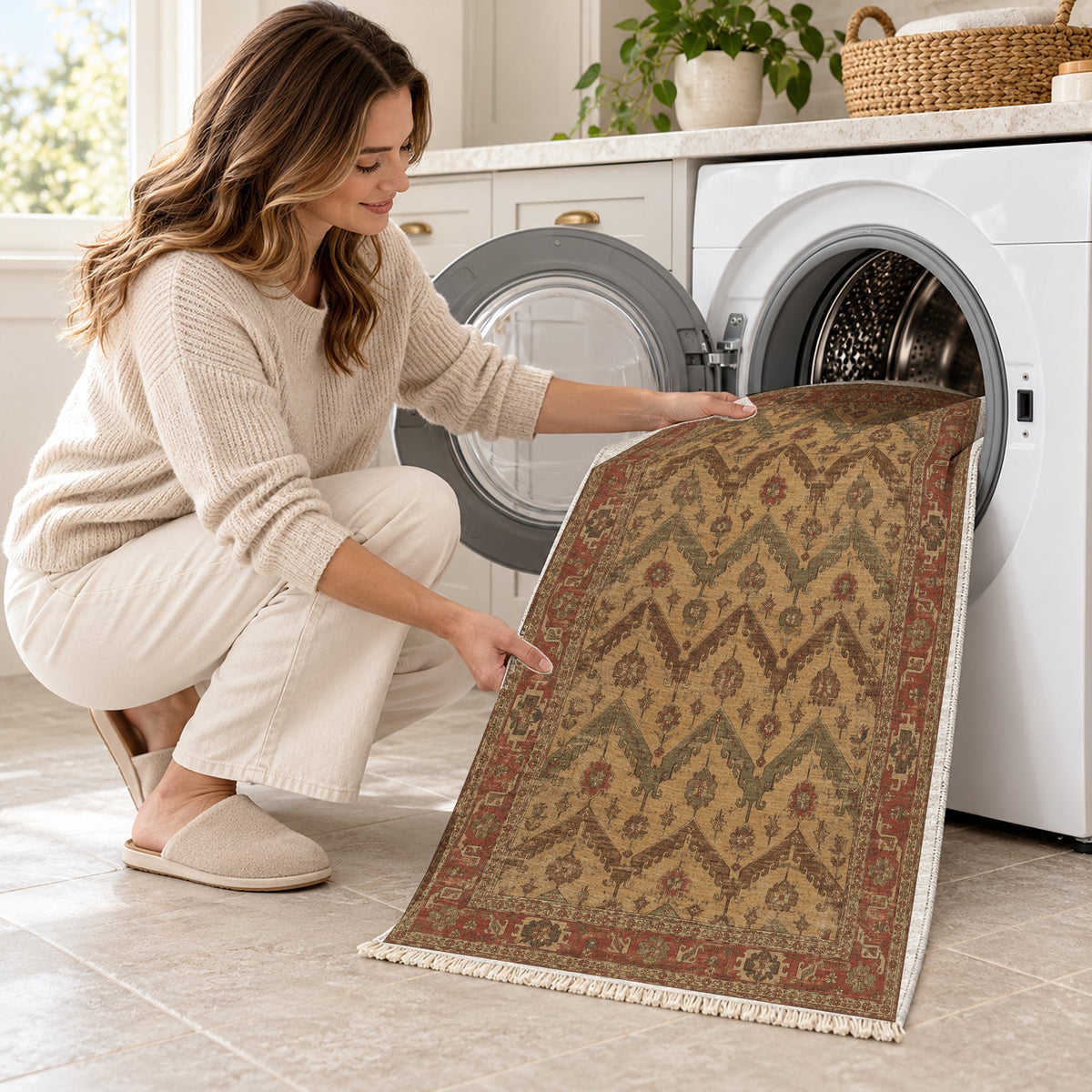 Hooked Chevron Brown & Beige washable rug being loaded into a washing machine