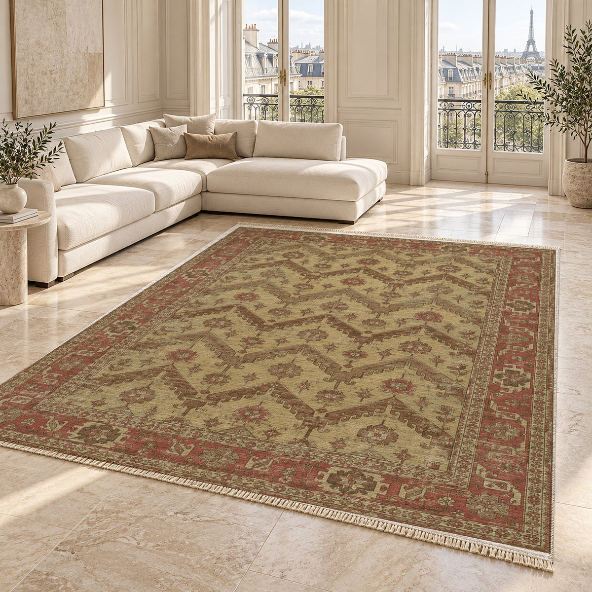 Hooked Chevron Clay & Sage washable rug angled room view on marble