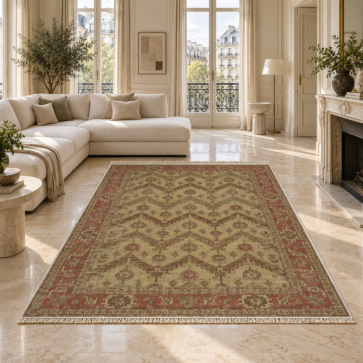 Hooked Chevron Clay & Sage washable rug on a marble floor