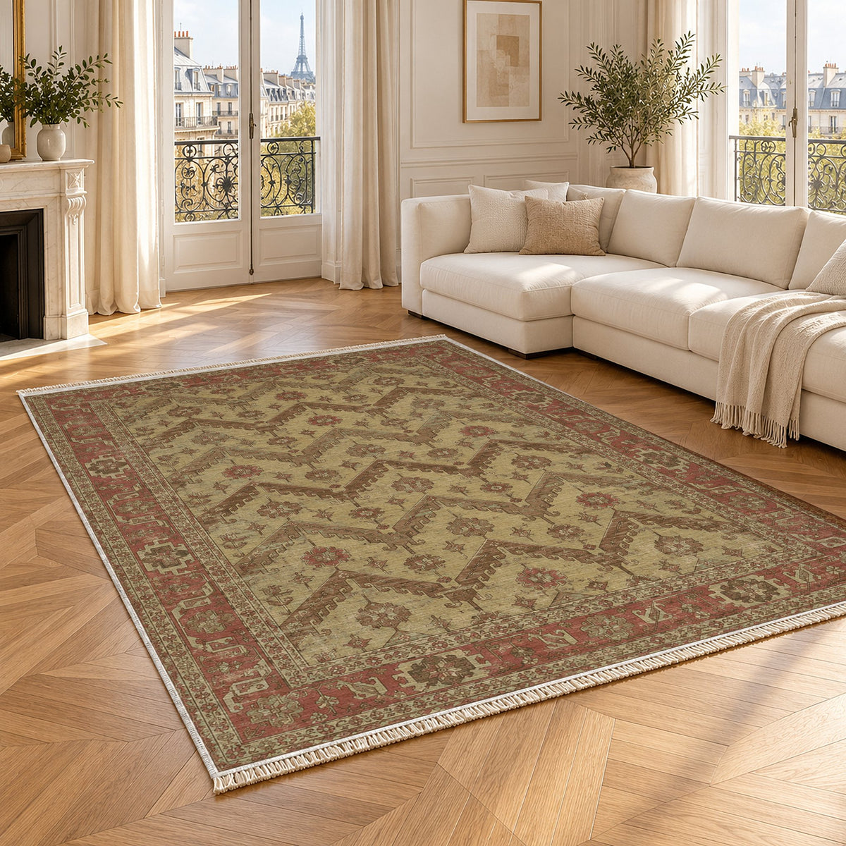 Hooked Chevron Clay & Sage washable rug angled room view