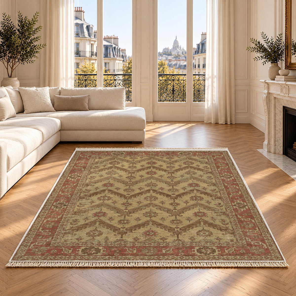 Hooked Chevron Clay & Sage washable rug on an oak floor