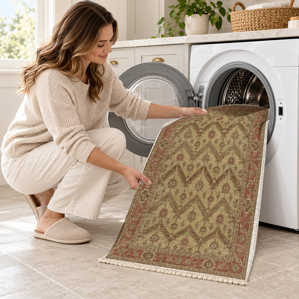 Hooked Chevron Clay & Sage washable rug being loaded into a washing machine