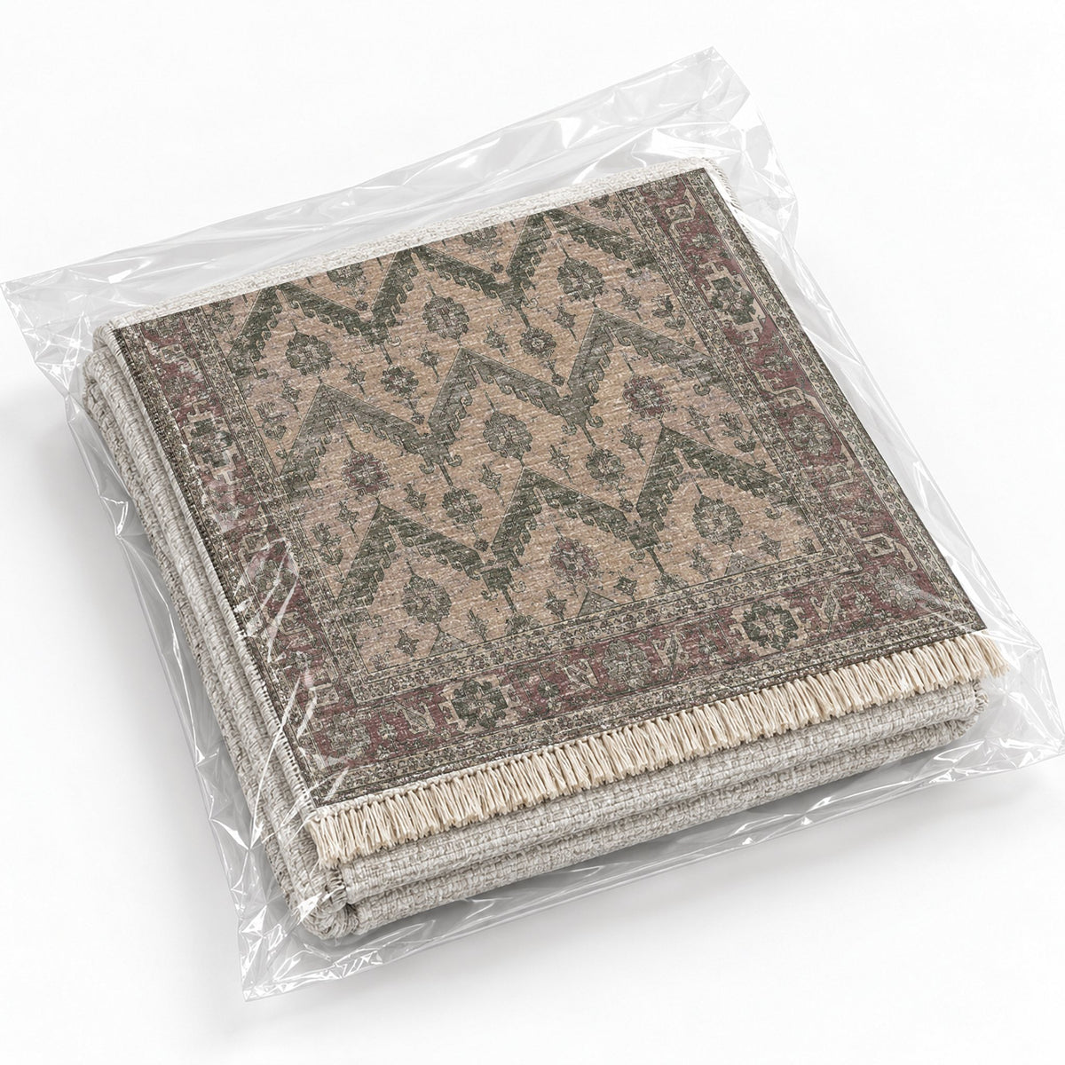 Hooked Chevron Graphite & Linen washable rug rolled and packaged