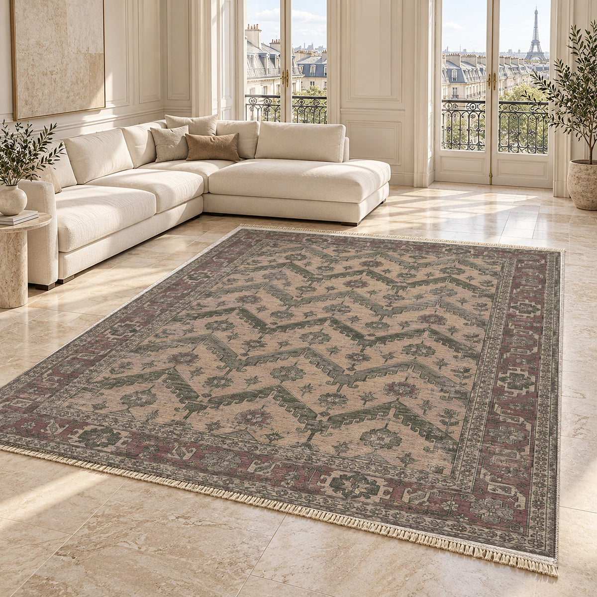 Hooked Chevron Graphite & Linen washable rug angled room view on marble