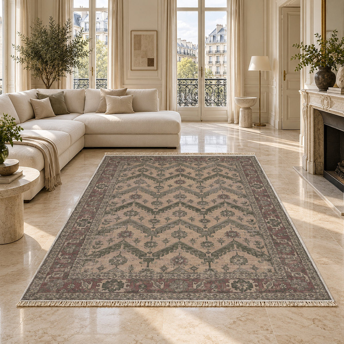 Hooked Chevron Graphite & Linen washable rug on a marble floor