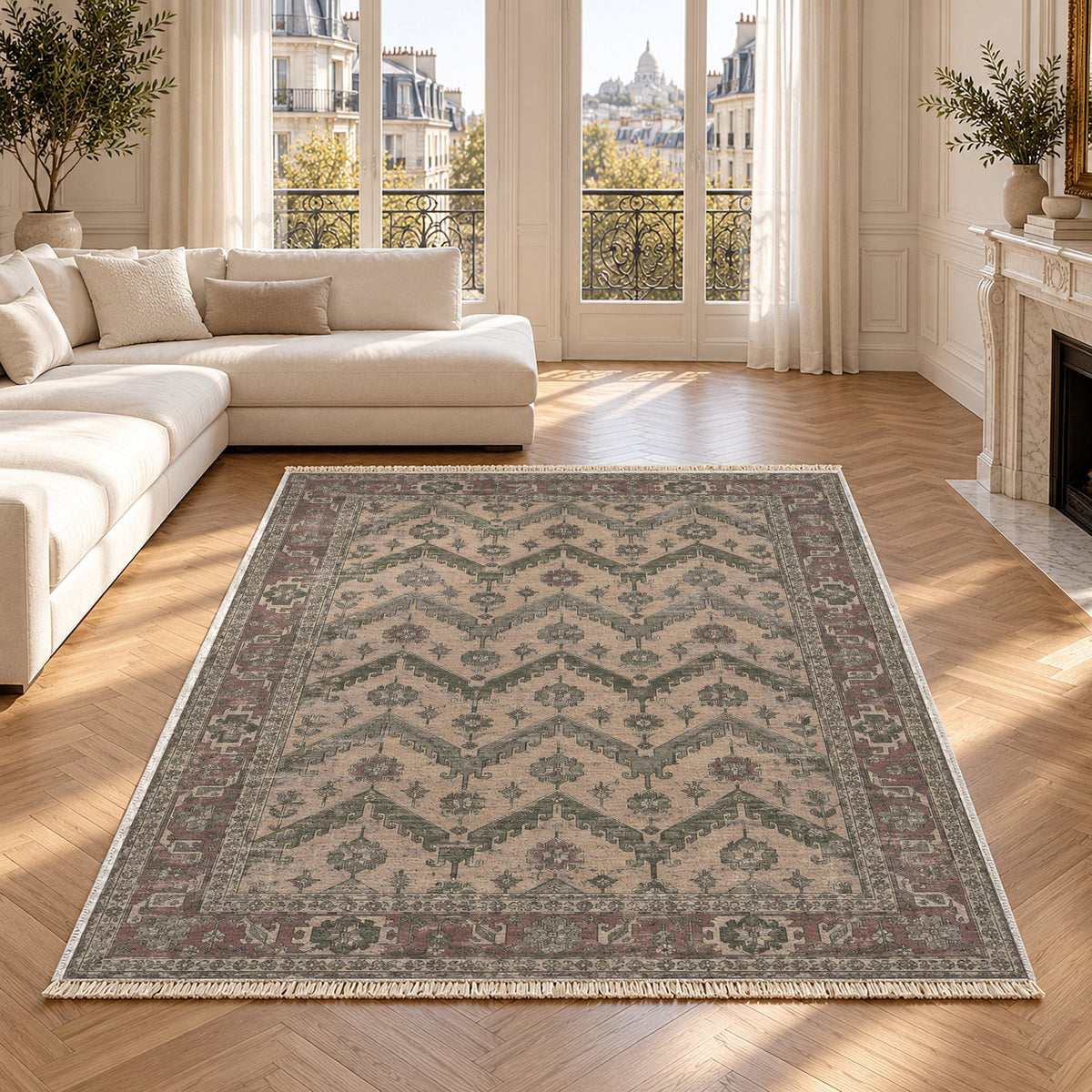 Hooked Chevron Graphite & Linen washable rug in a Paris living room
