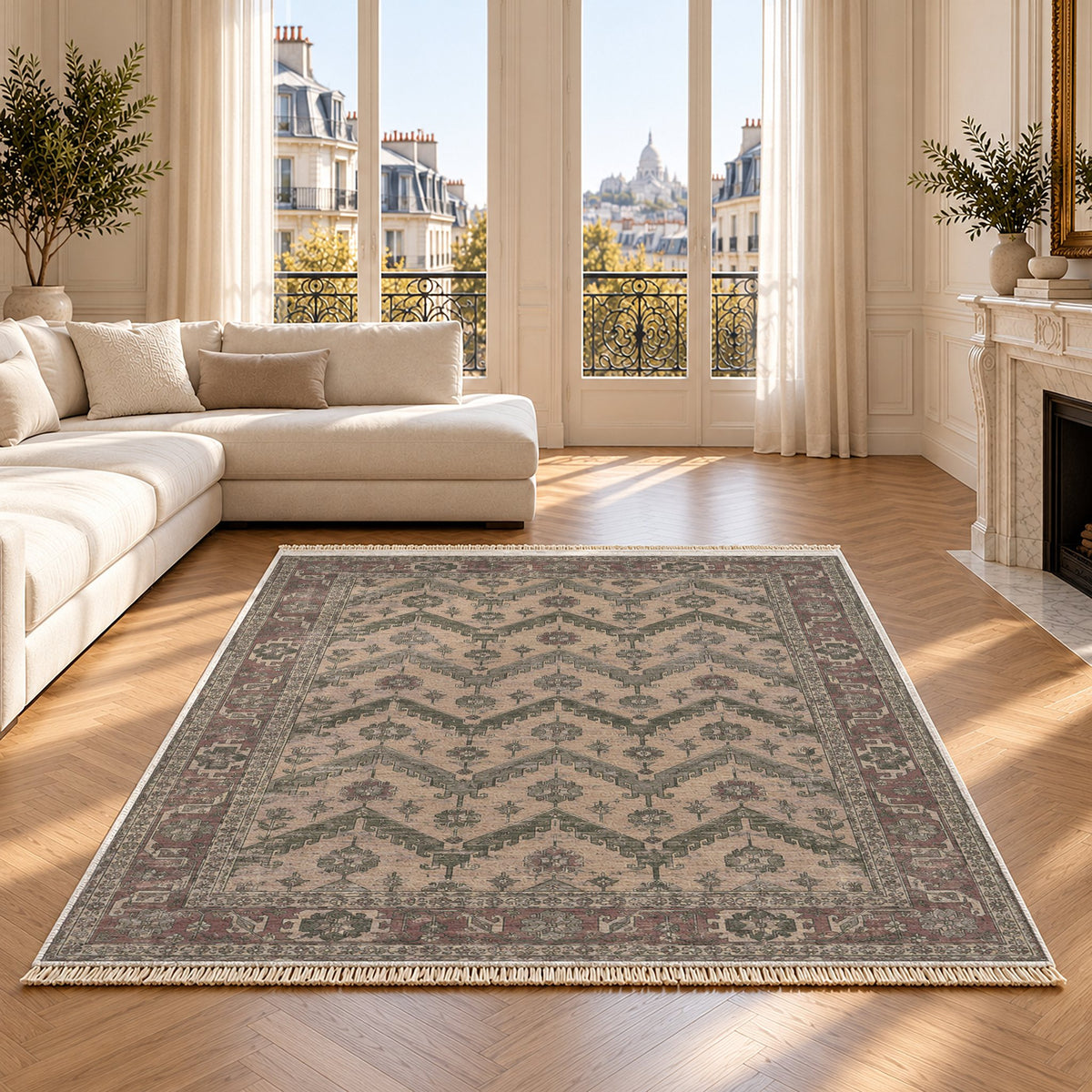 Hooked Chevron Graphite & Linen washable rug on an oak floor