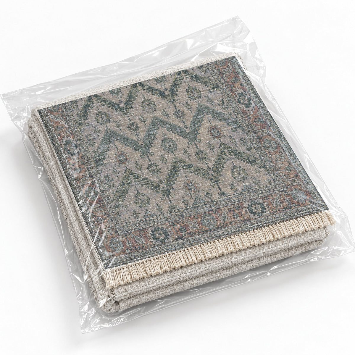 Hooked Chevron Mineral Blue washable rug rolled and packaged
