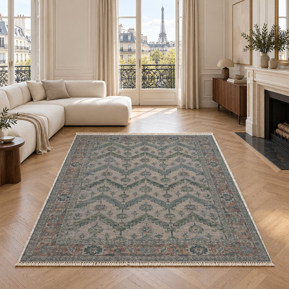 Hooked Chevron Mineral Blue washable rug in a living room with an Eiffel Tower view