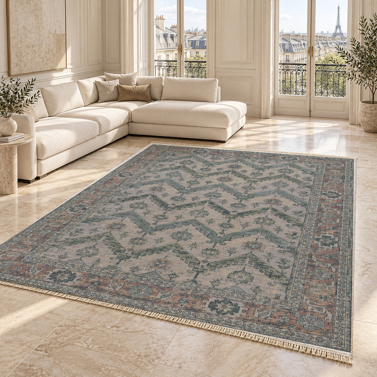 Hooked Chevron Mineral Blue washable rug angled room view on marble