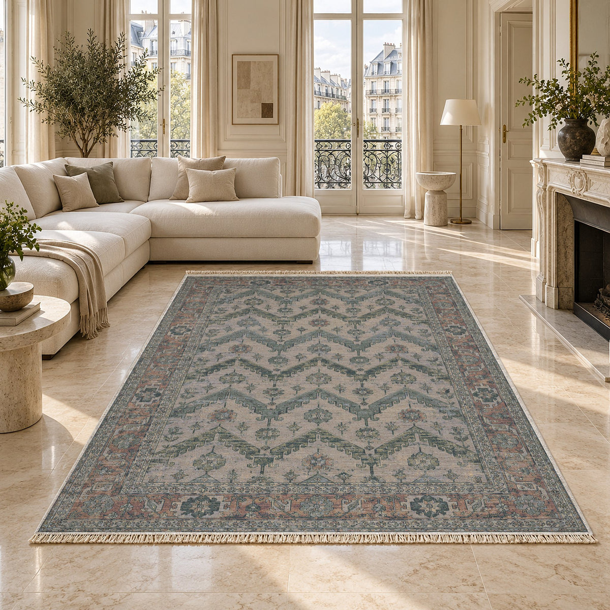 Hooked Chevron Mineral Blue washable rug on a marble floor