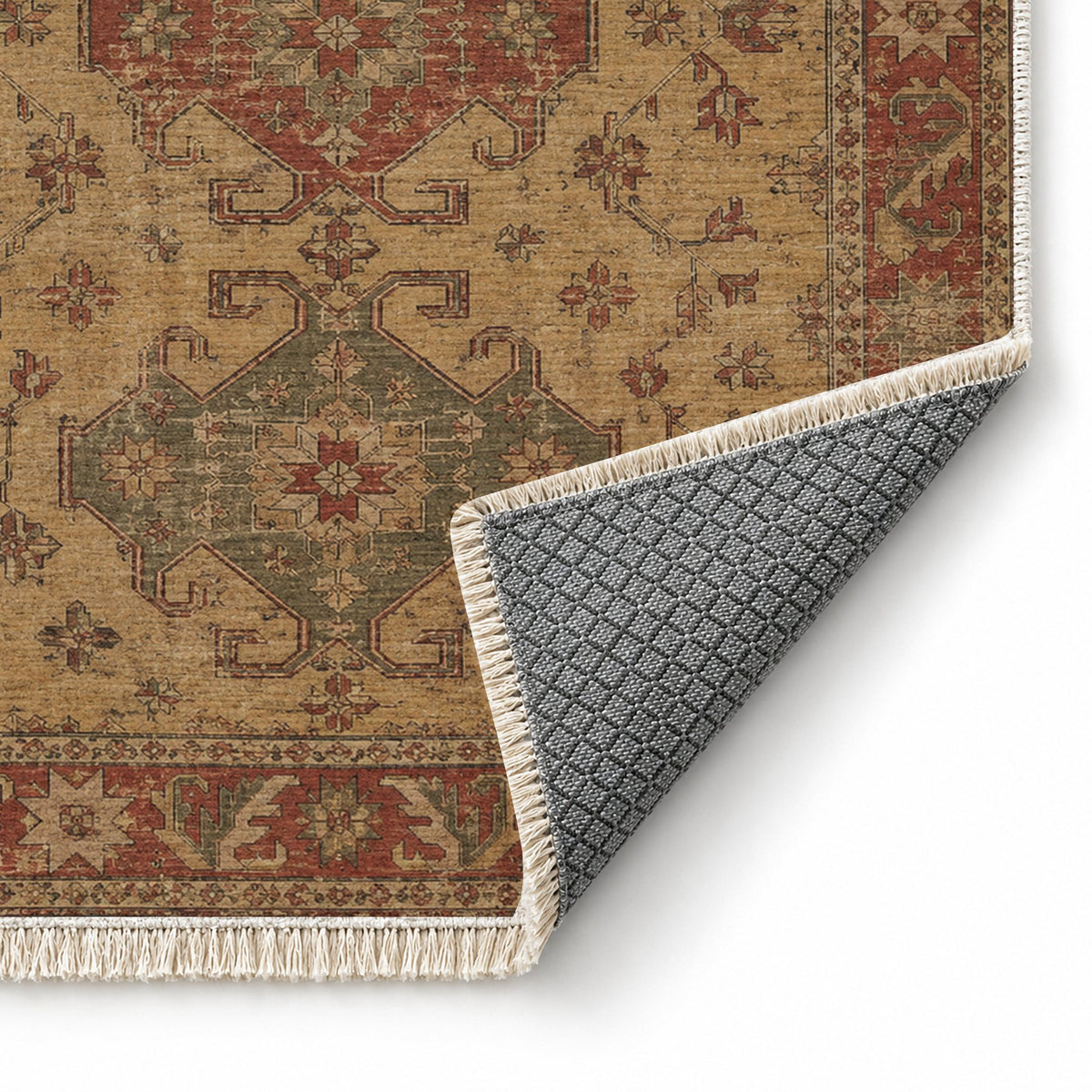 Hooked Shield Brown washable rug folded corner showing the backing
