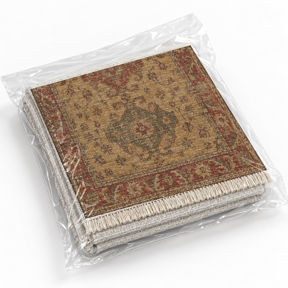 Hooked Shield Brown washable rug rolled and packaged