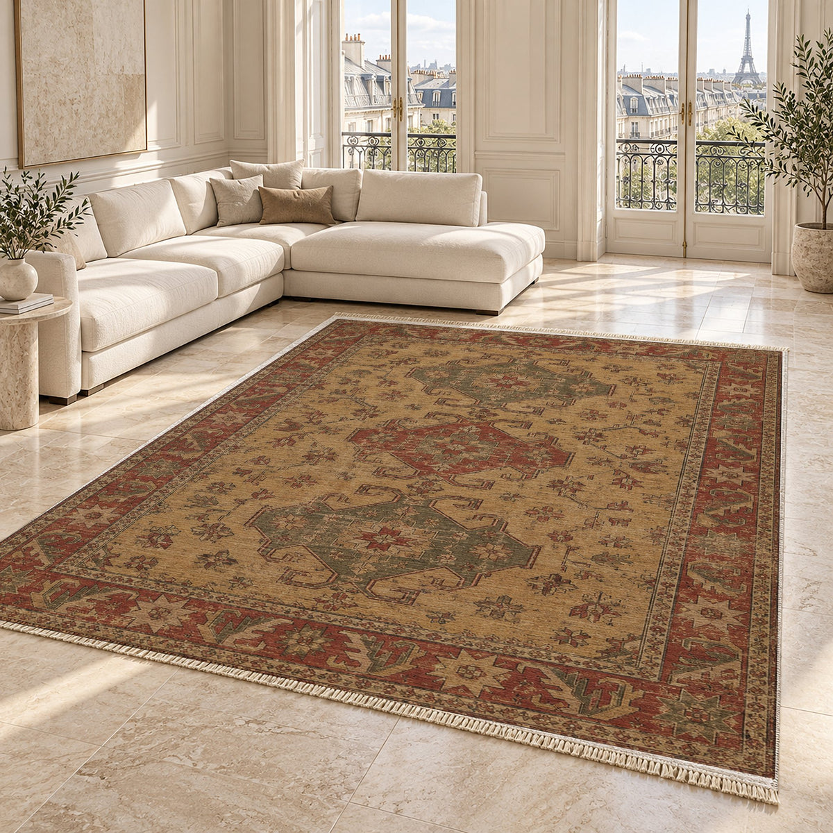 Hooked Shield Brown washable rug angled room view on marble