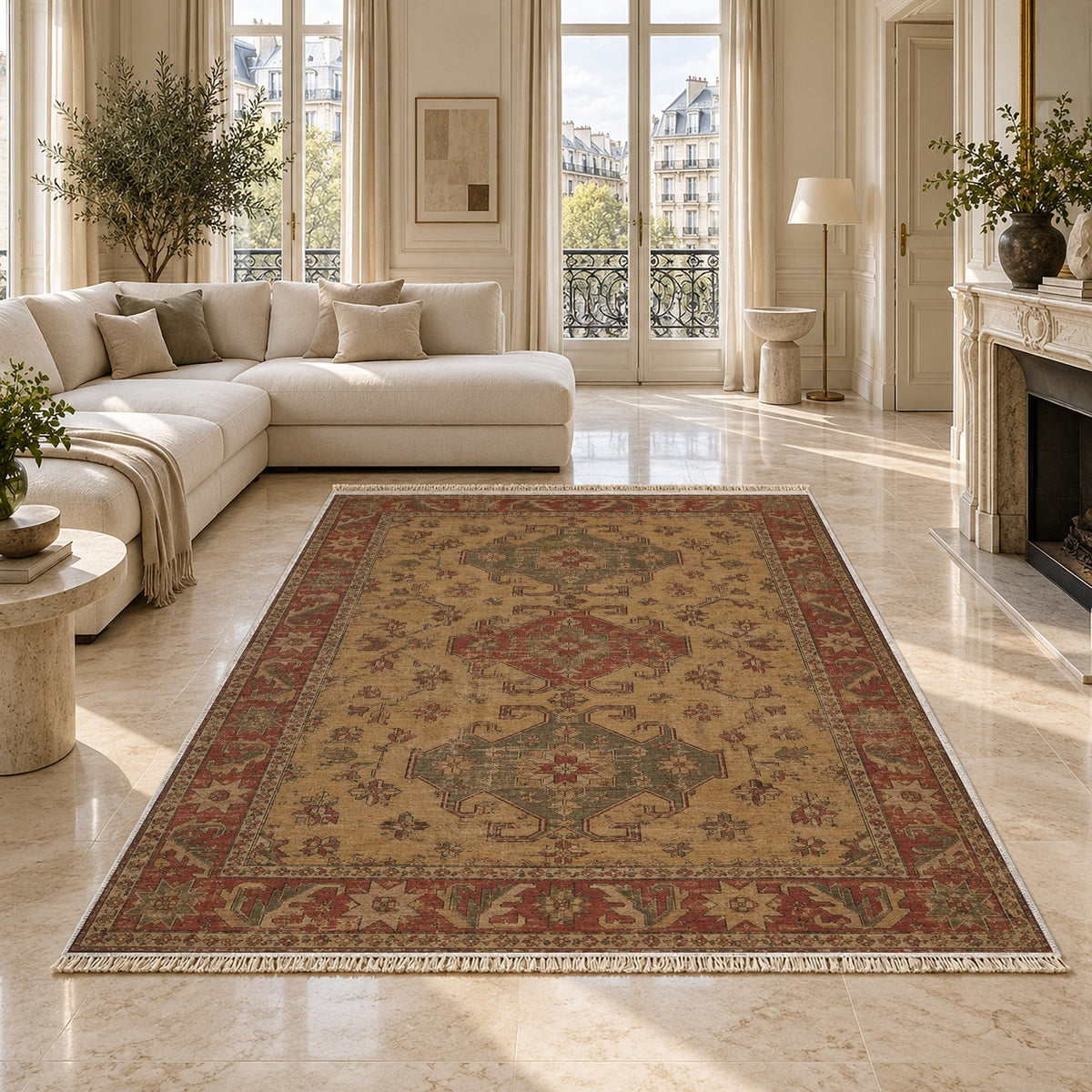 Hooked Shield Brown washable rug on a marble floor