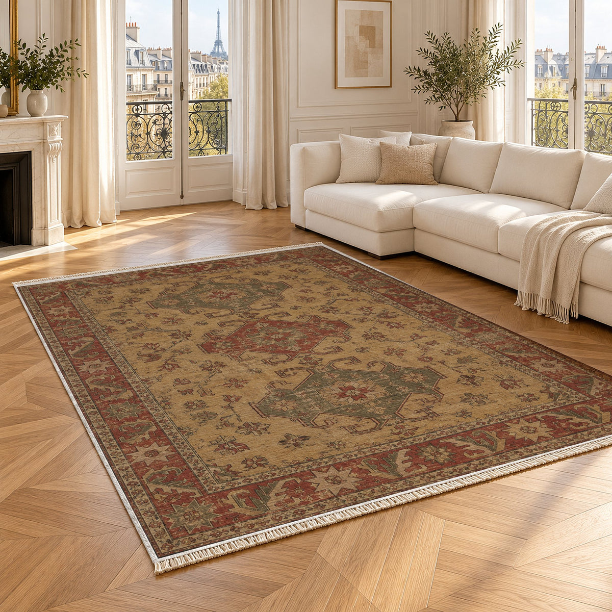 Hooked Shield Brown washable rug angled room view