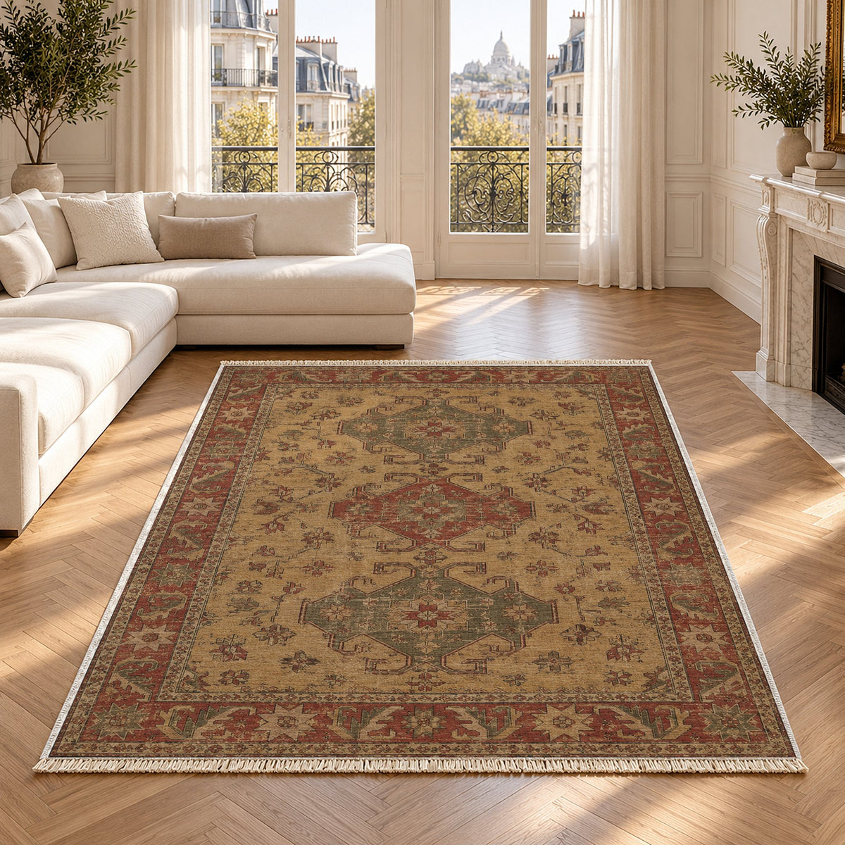 Hooked Shield Brown washable rug in a Paris living room