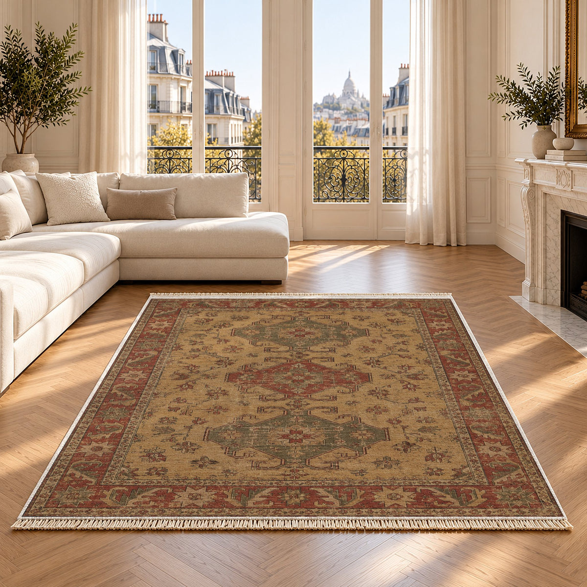 Hooked Shield Brown washable rug on an oak floor