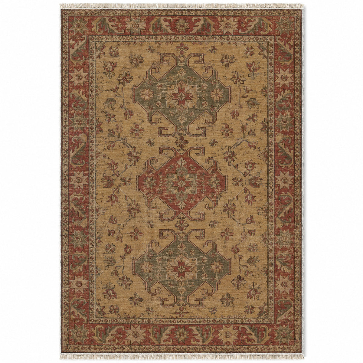 Hooked Shield Brown washable rug top view