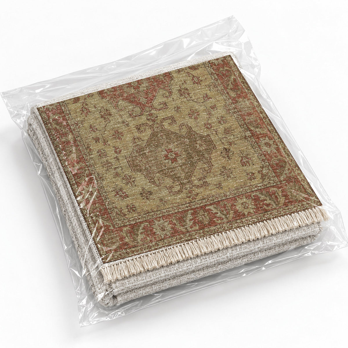 Hooked Shield Clay & Sage washable rug rolled and packaged