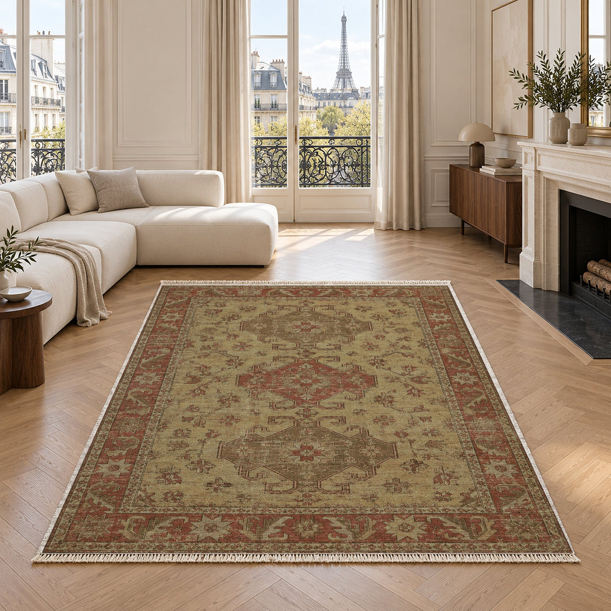 Hooked Shield Clay & Sage washable rug in a living room with an Eiffel Tower view